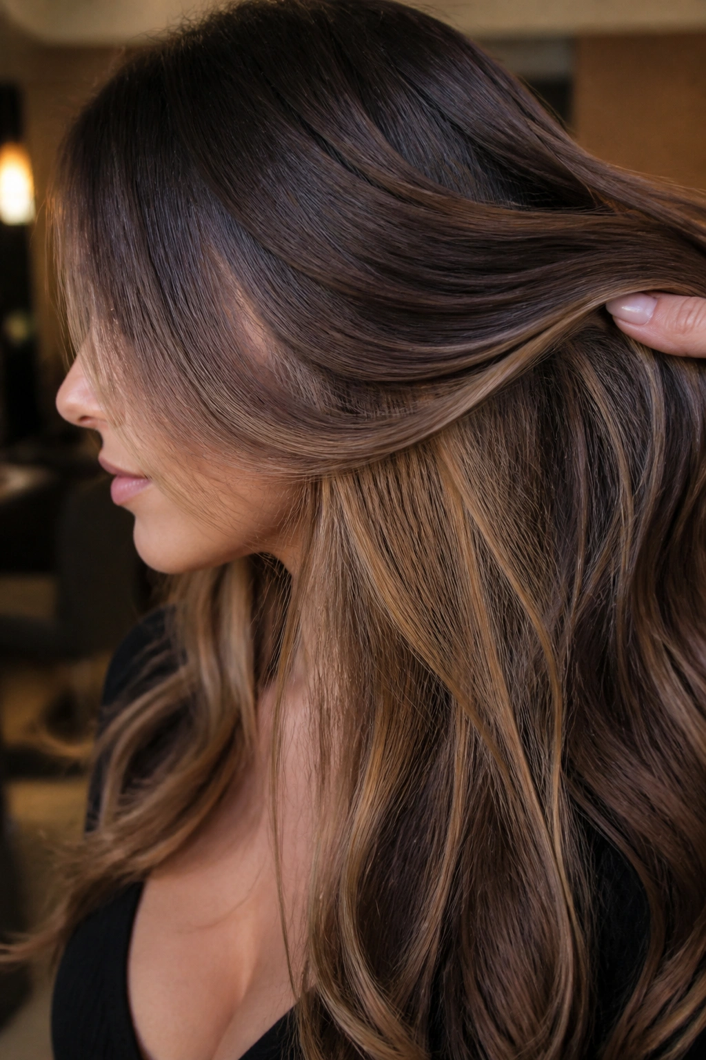 Hidden underlayer caramel highlights peeking through brown top layer