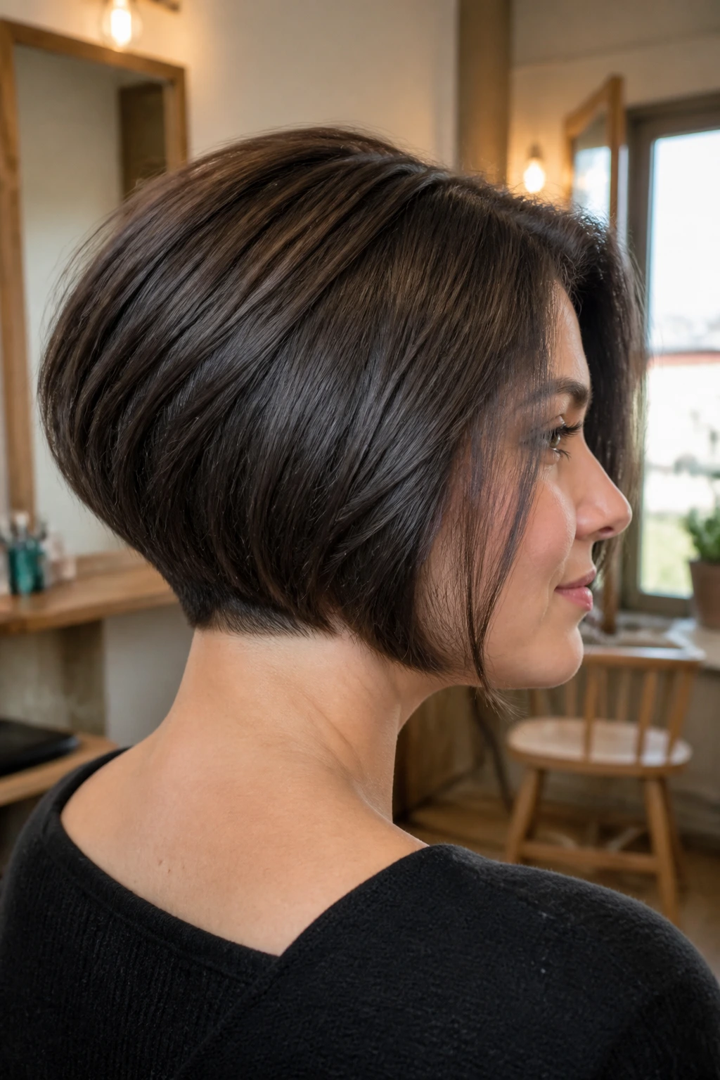 Close-up portrait of a real woman with a hidden-underlayer bob for thick hair.