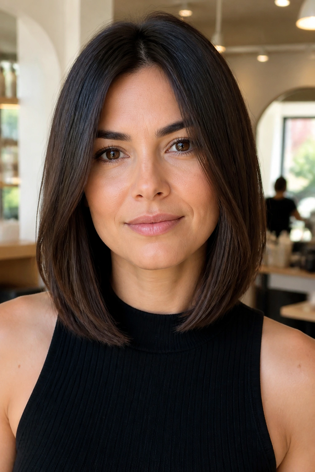 Real woman with hidden-weight long bob for dense hair in a salon setting