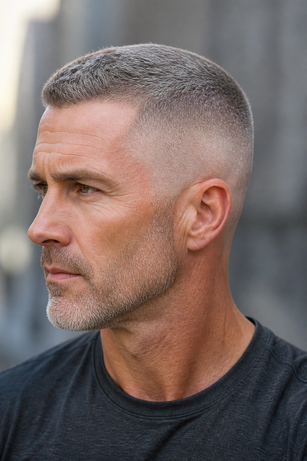 Portrait of a man with high and tight grey fade hairstyle in outdoor setting