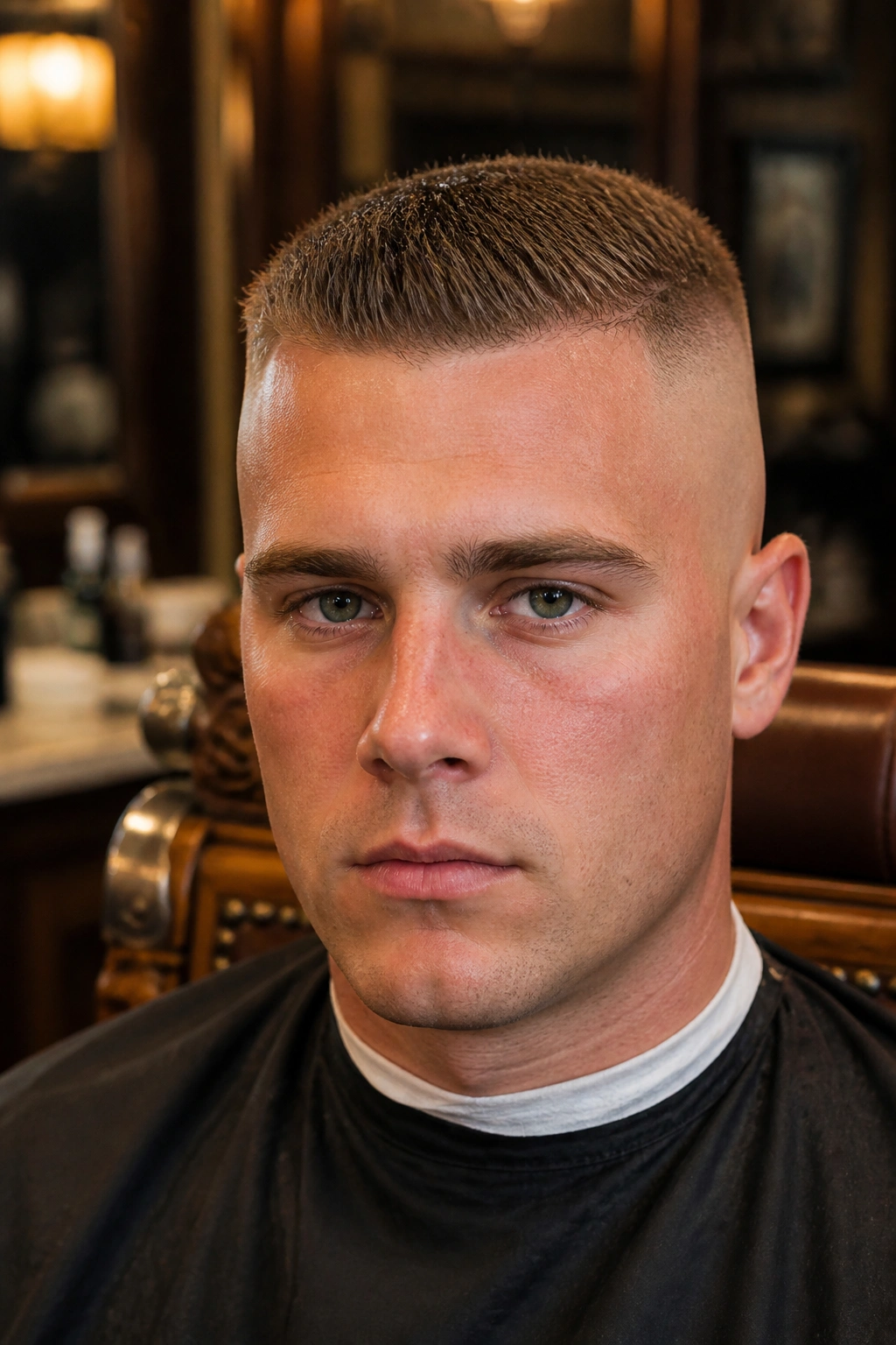 Close-up portrait of a man with a high and tight haircut in a barbershop setting