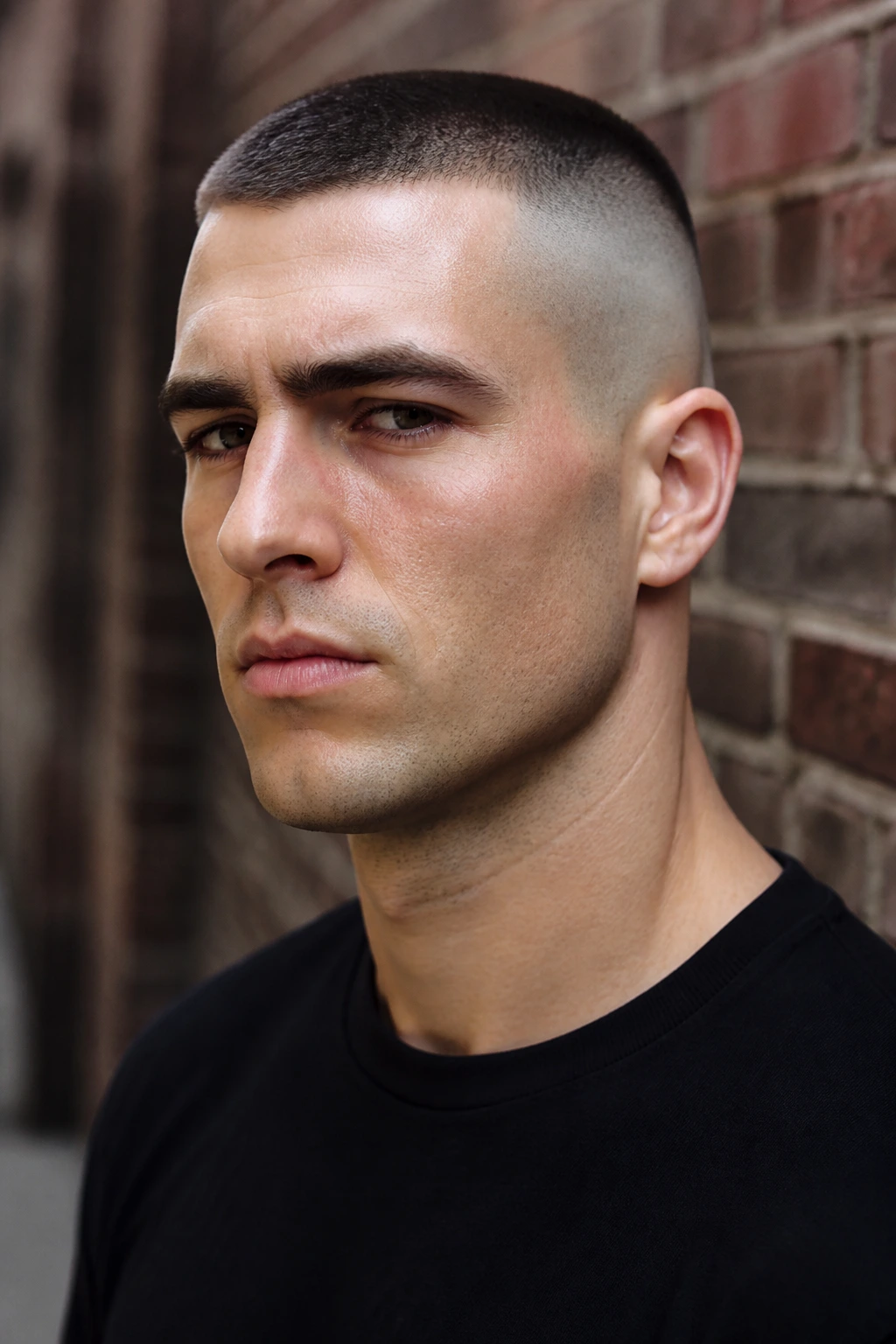 Close-up portrait of a man with a high and tight haircut in an urban setting.