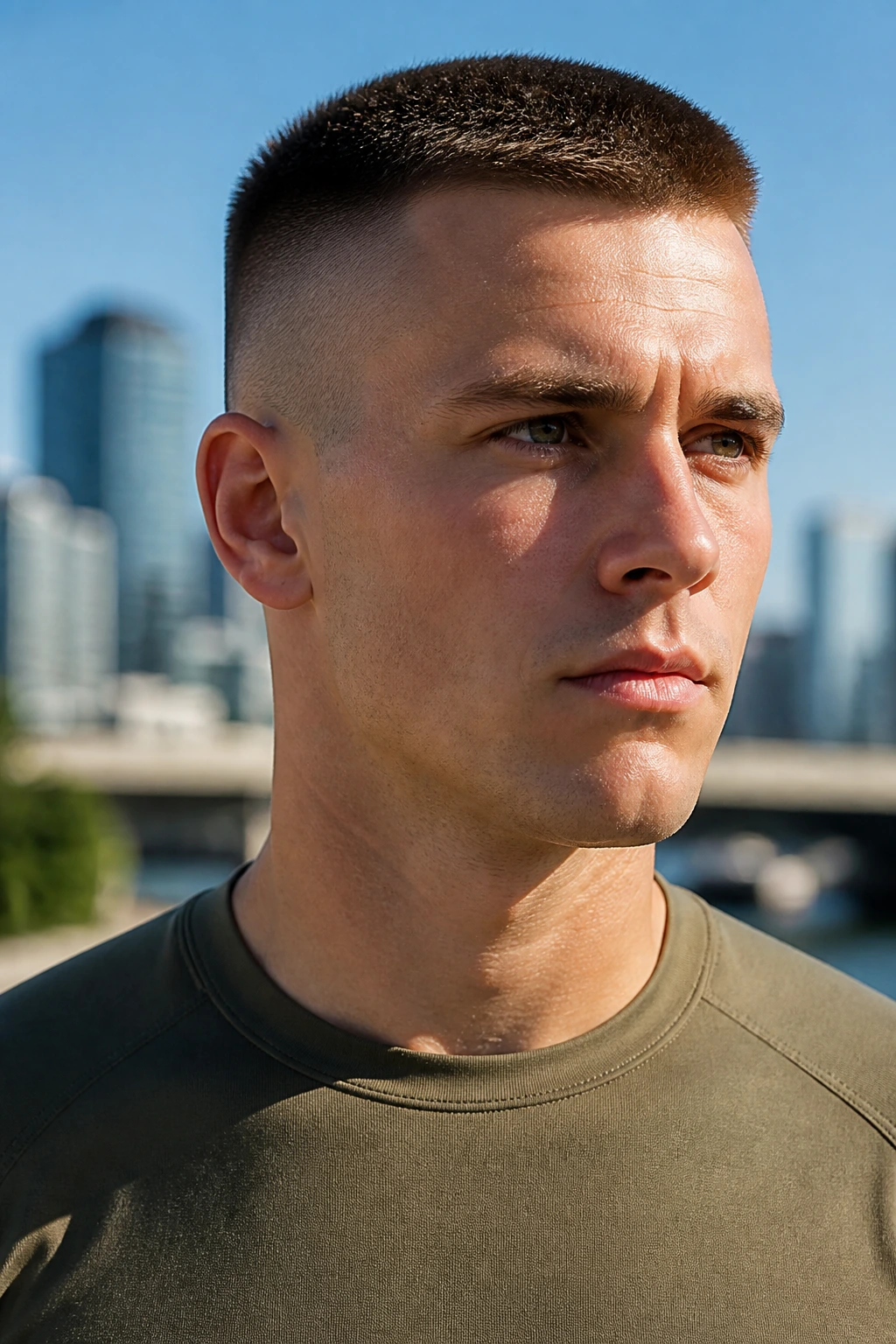 Man with high and tight haircut with crisp lines in daylight.