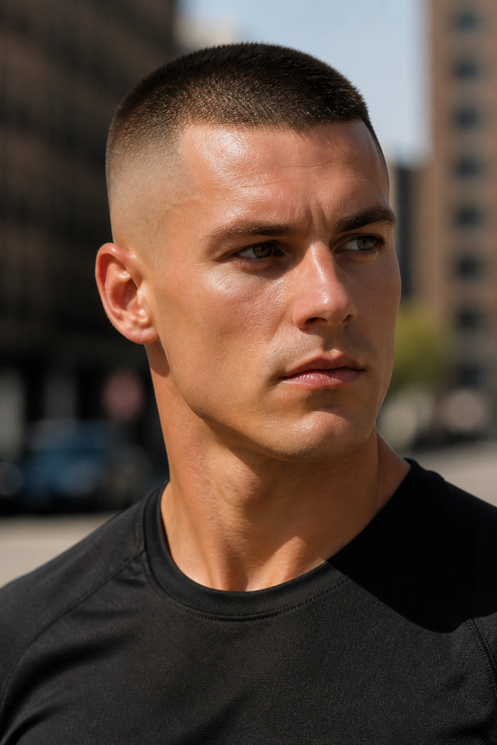 Man with high and tight haircut on a sunlit street