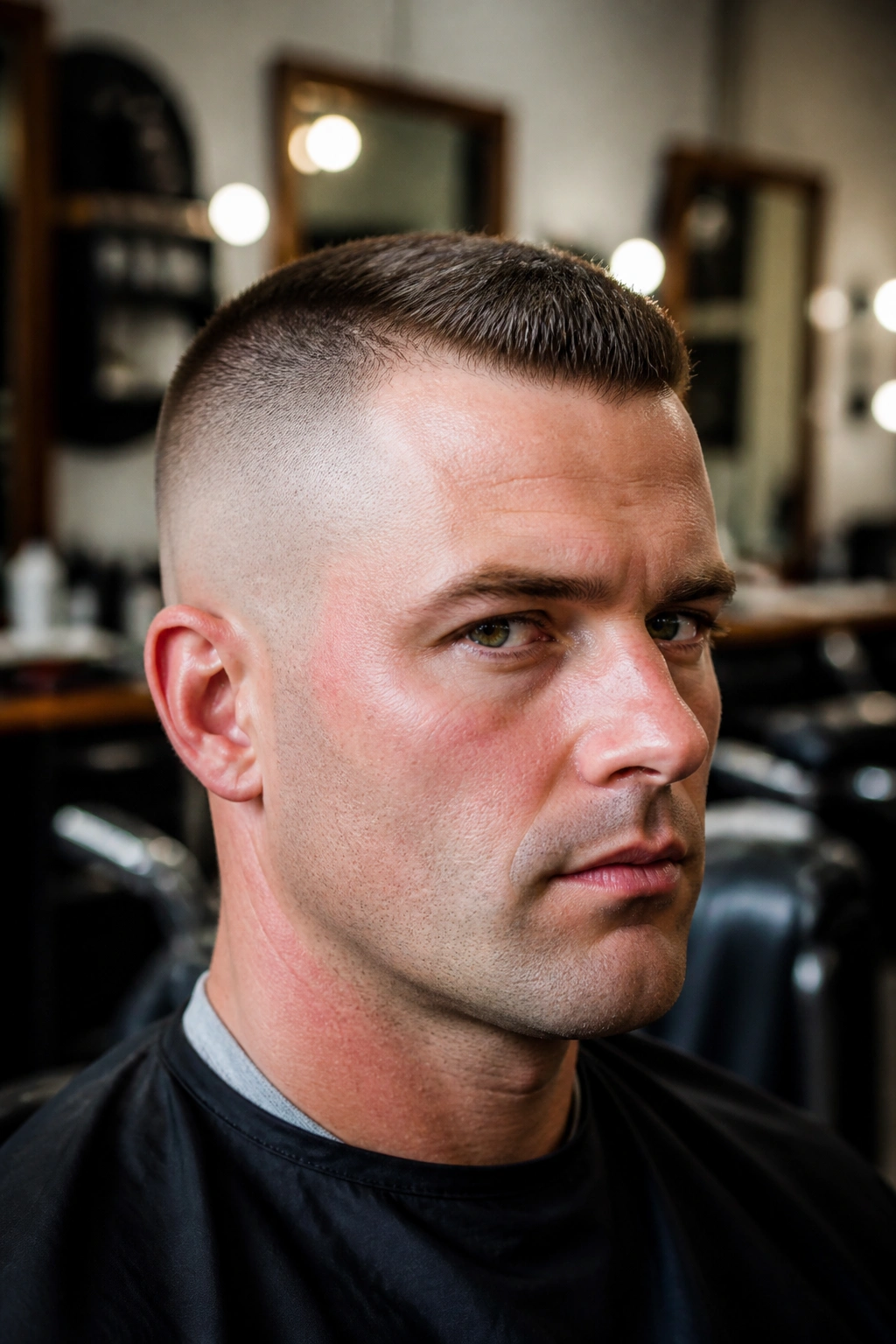 Close-up portrait of a man with a high and tight haircut in a barbershop
