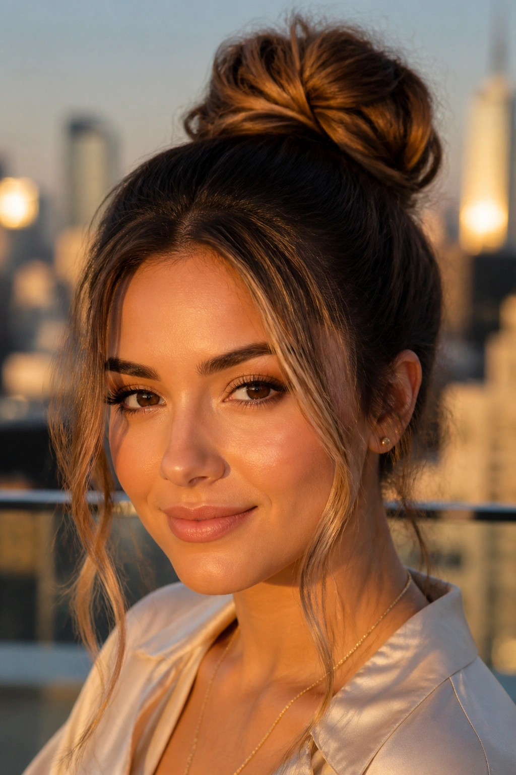 Close-up of a real woman with high bun and loose front pieces framing the face.