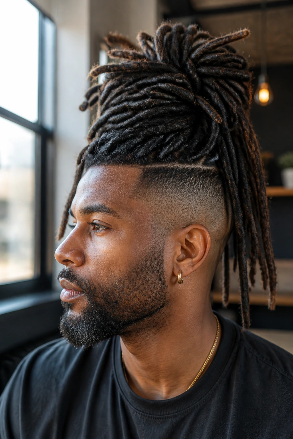 Real person with long dreads tied in a high bun mohawk