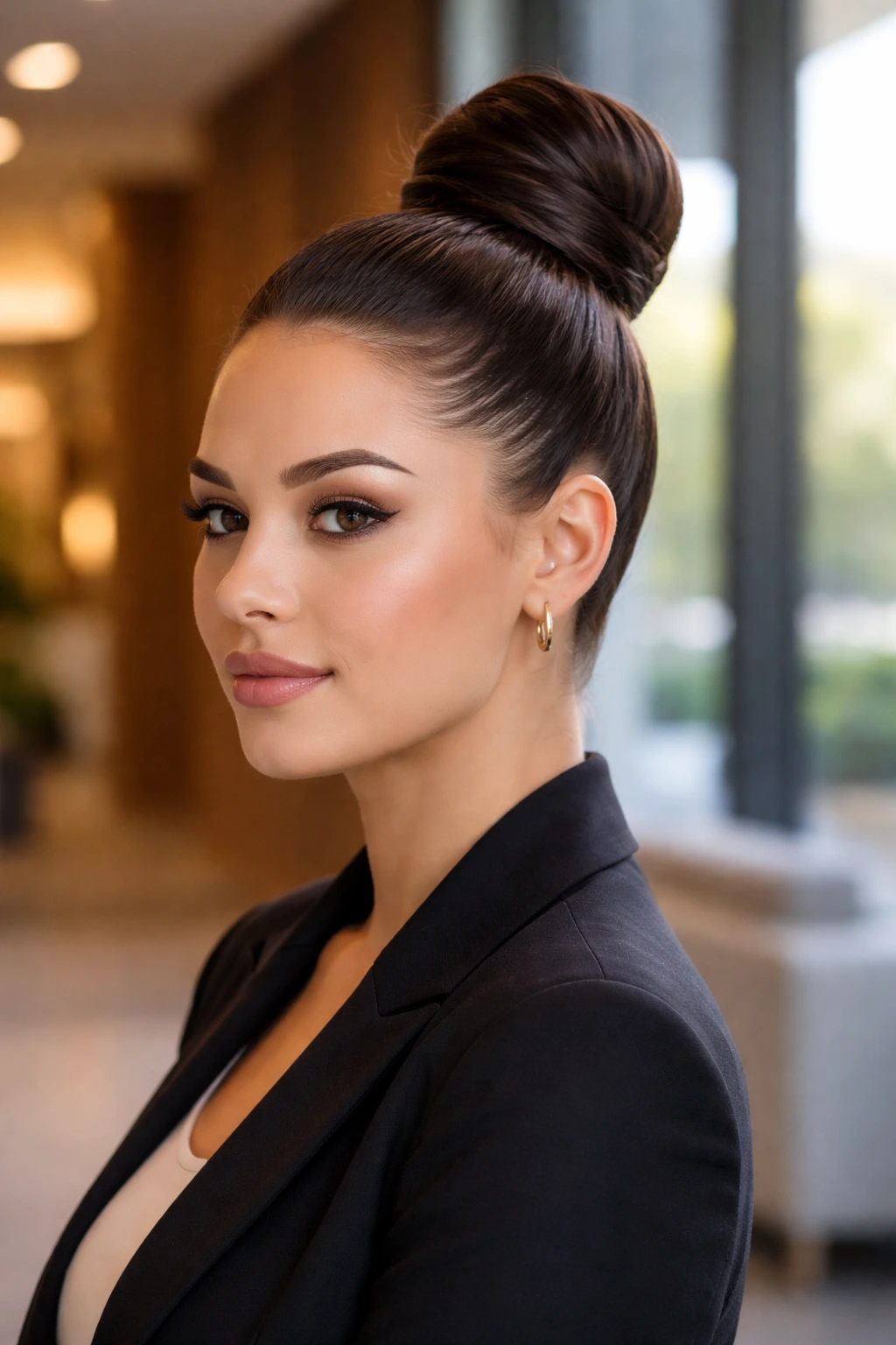 Close-up of a woman with a tall high bun in an office setting