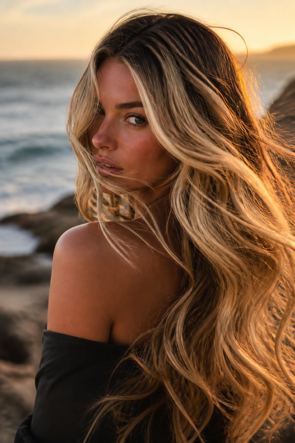 Close-up of high-contrast blonde balayage on a real person's big waves.