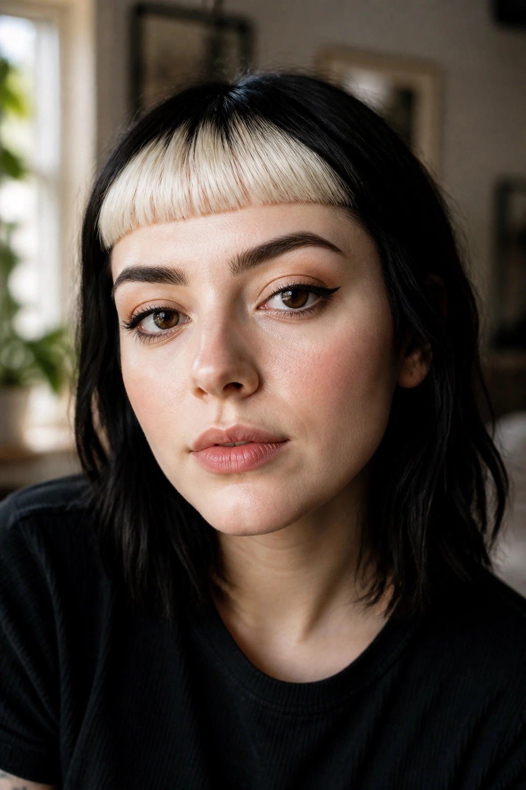 Close-up portrait of a real person with high-contrast pale platinum micro bangs against dark hair