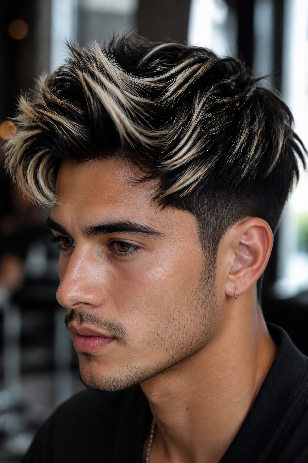 Close-up of a man with black hair and blonde highlights in natural window light