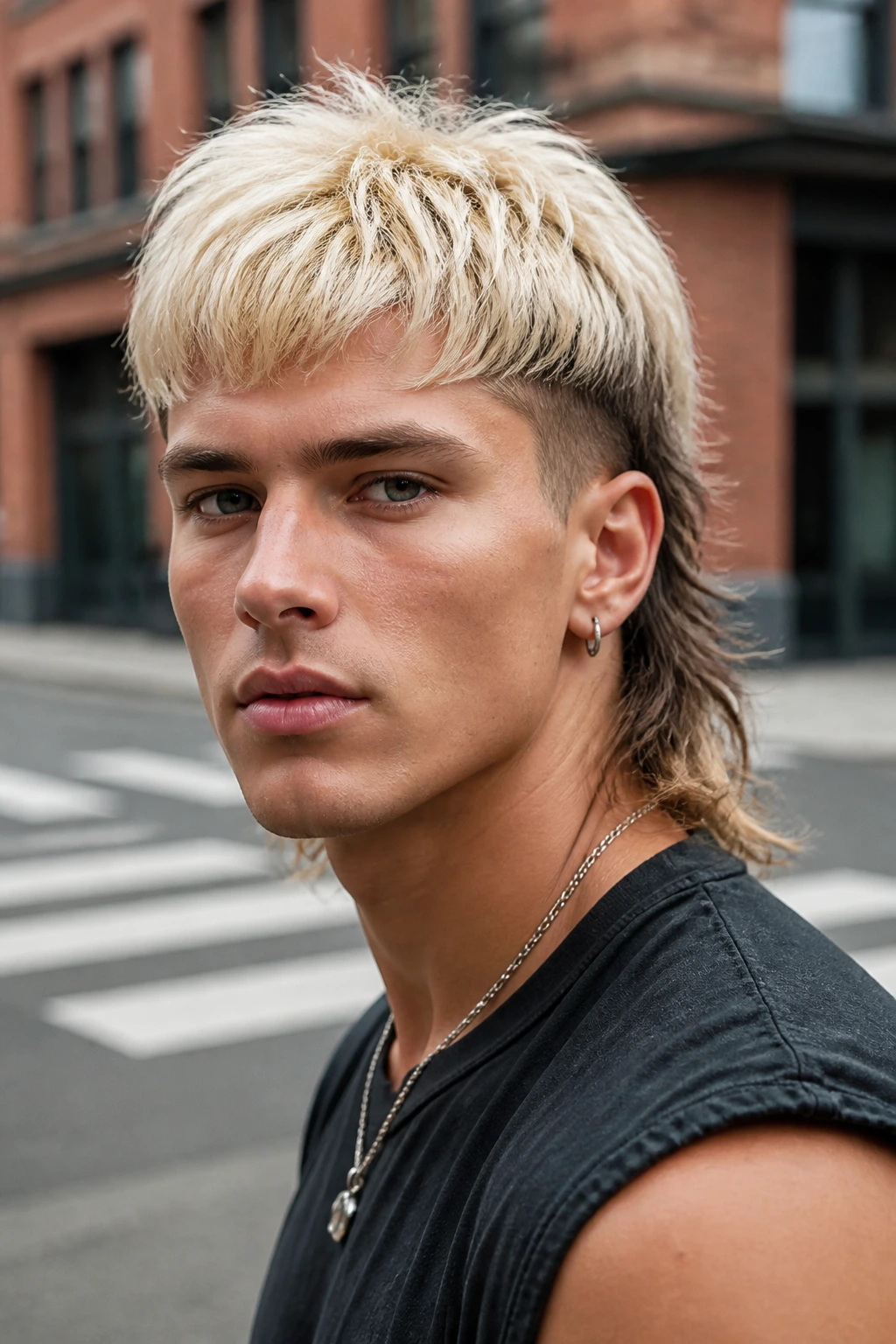 Man with high-contrast blonde mullet portrait