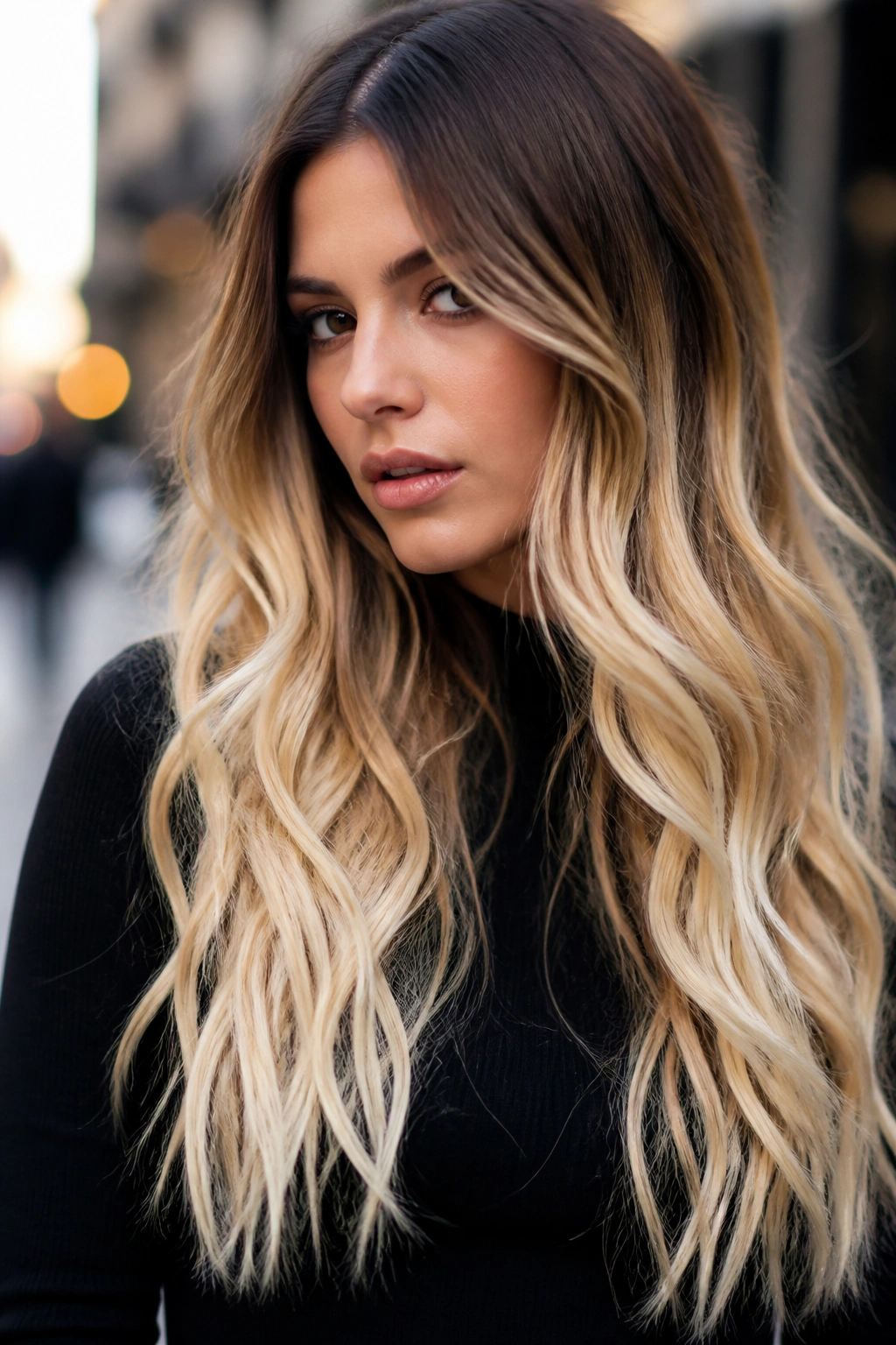 Portrait of a real woman with high-contrast blonde ombre.