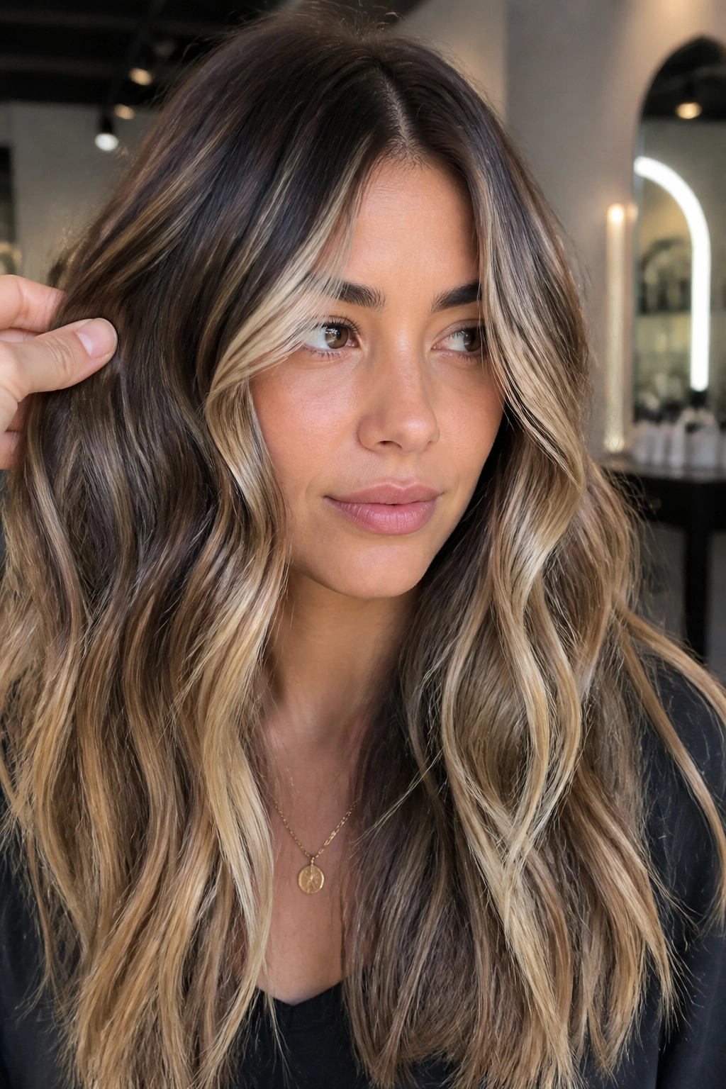 Close-up brunette with high-contrast bronde balayage