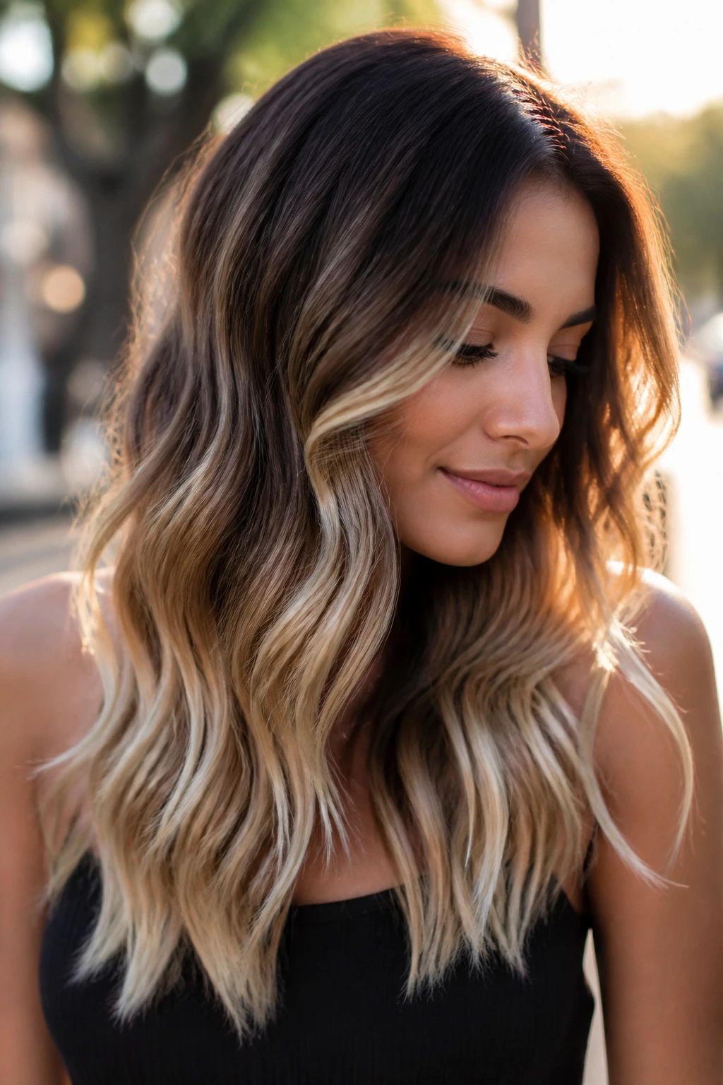 Close-up of brunette with high-contrast bronde and bright ends