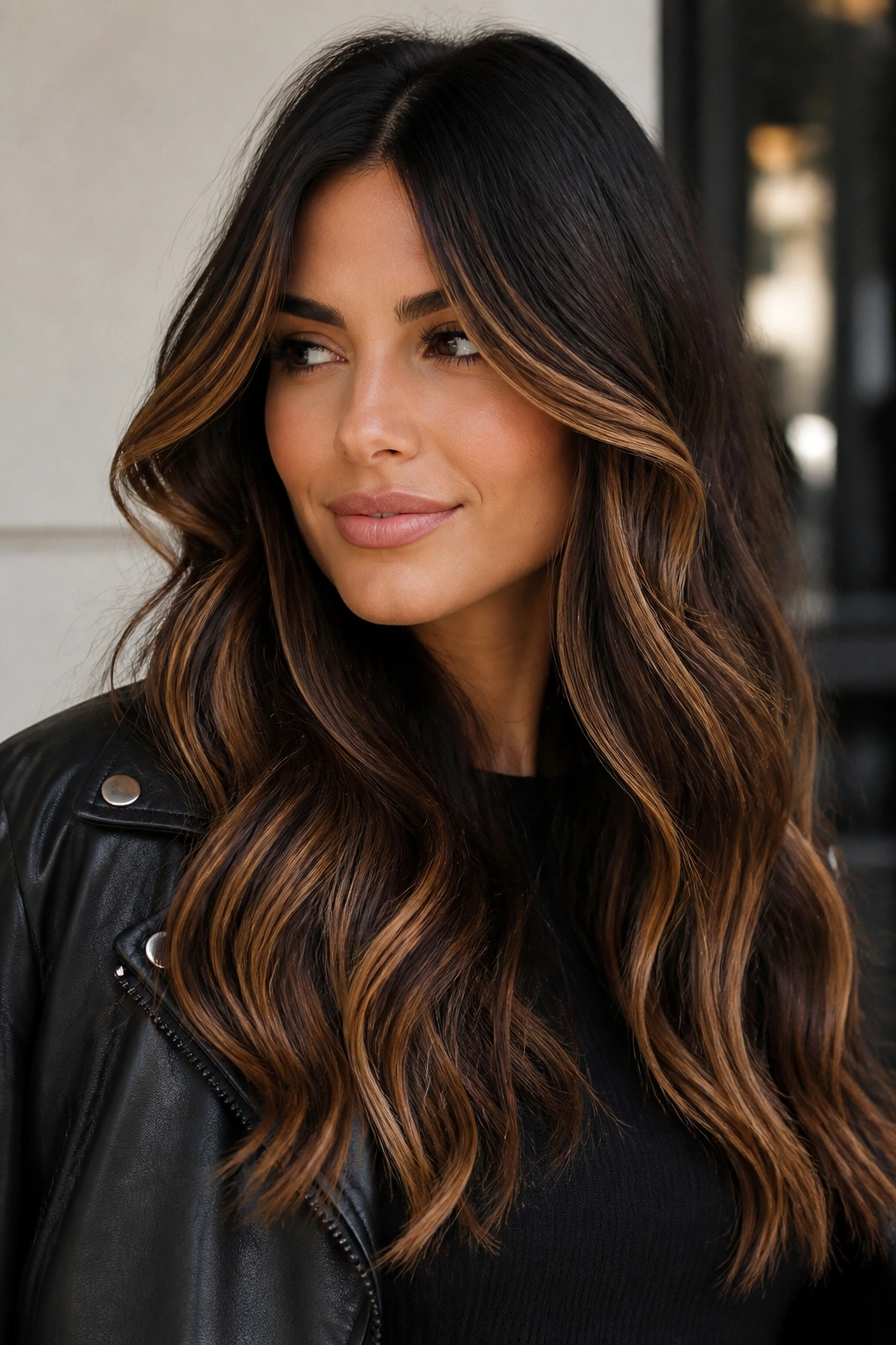 Portrait of woman with high-contrast caramel ribbons on black-brown hair