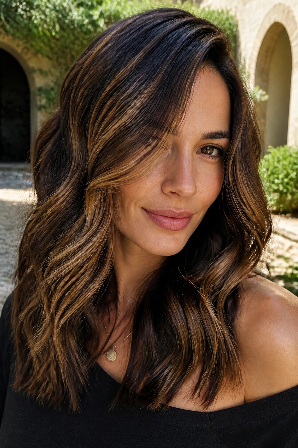 Portrait of a real person with high-contrast caramel highlights on dark chocolate hair