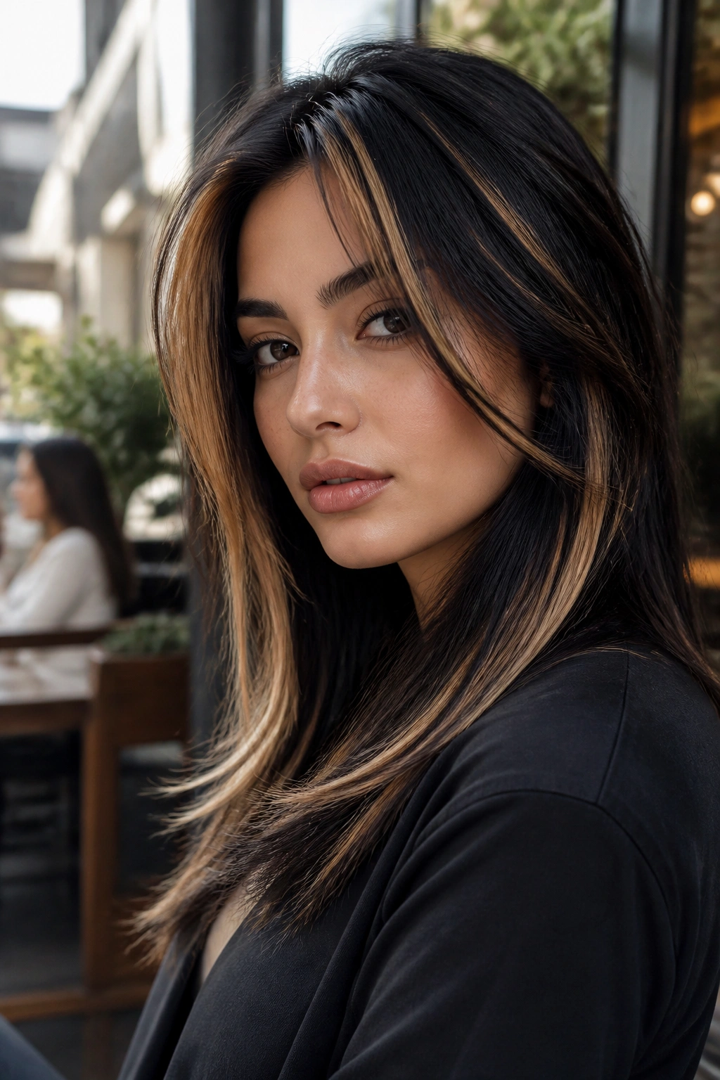 Portrait of real person with high-contrast caramel streaks on black hair