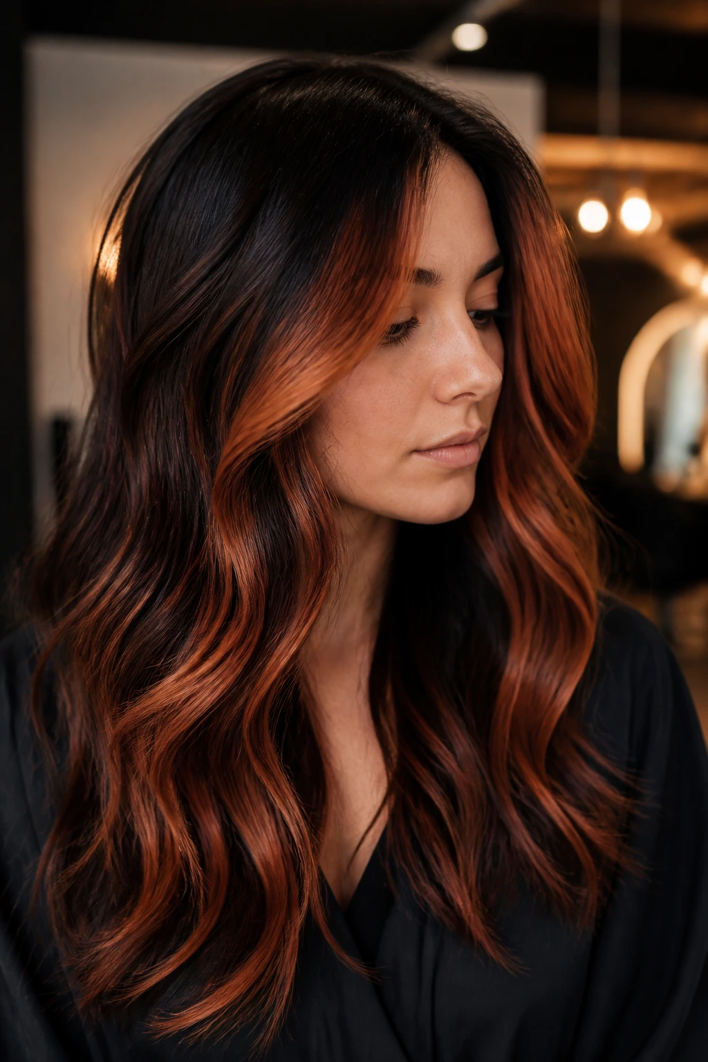 High-contrast copper panels on dark brown hair with face framing
