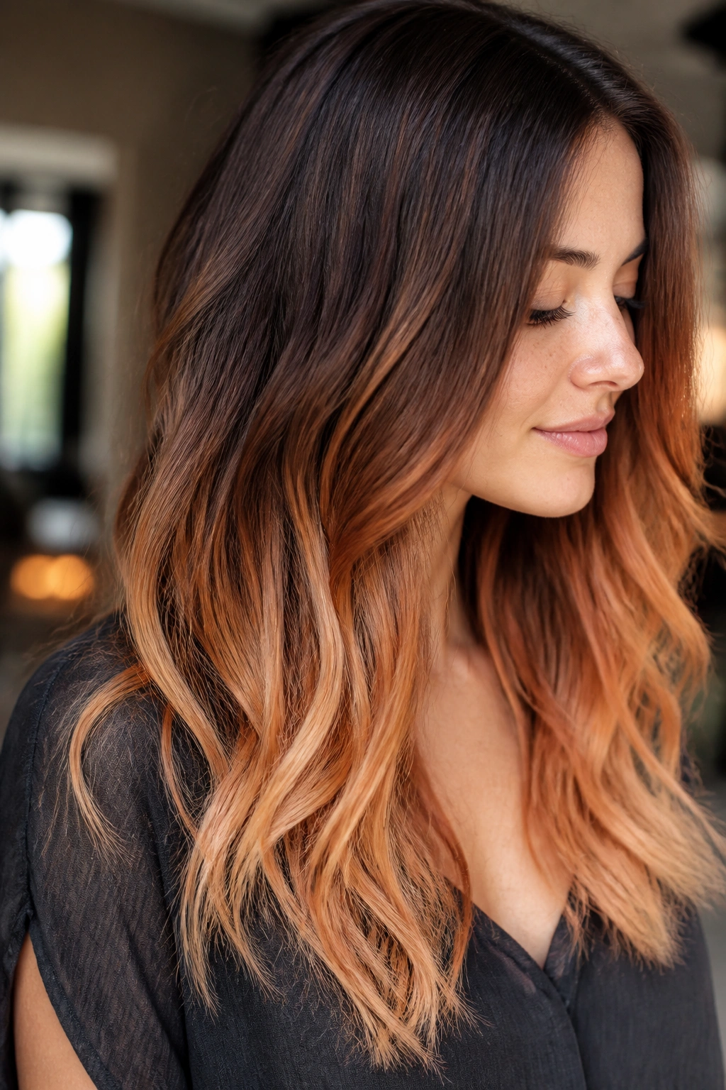 Side profile of brunette with high-contrast strawberry blonde ends
