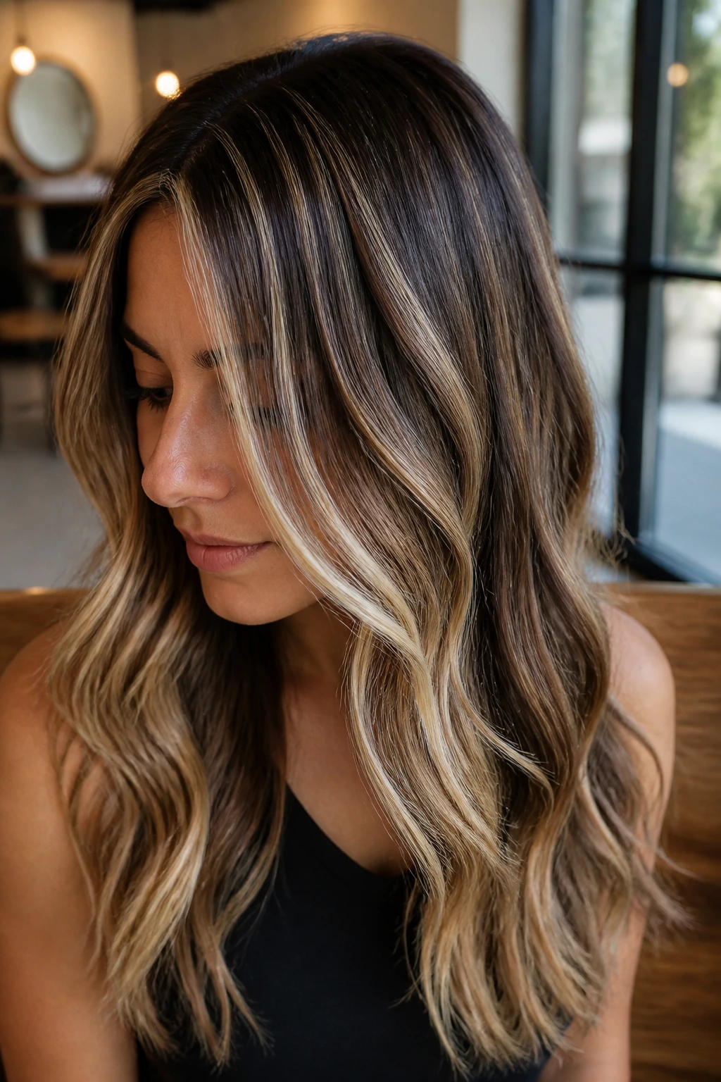 Close-up of a real brunette with high-contrast champagne blonde veils framing the face in a salon