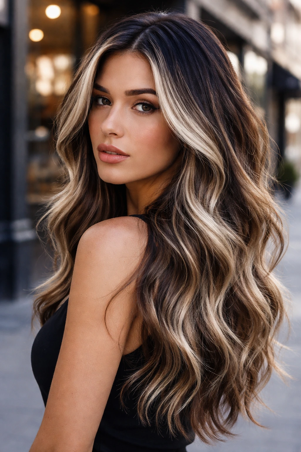 Close-up portrait of brunette with sharp high-contrast blonde highlights on urban street