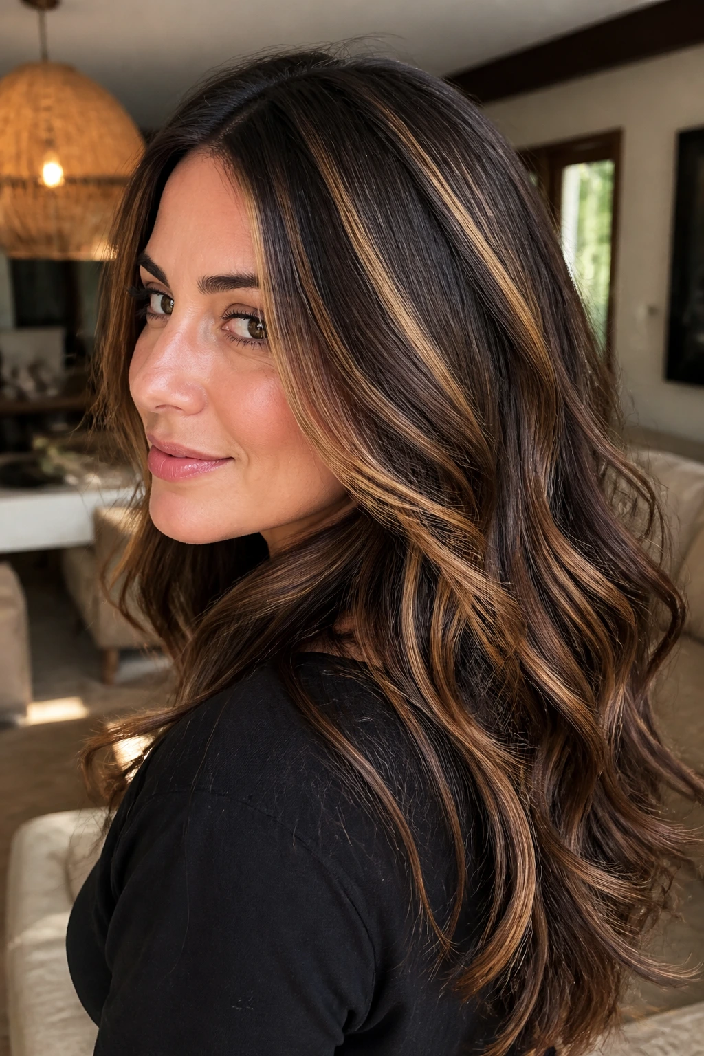 Close-up of a real woman showing high-contrast honey caramel ribbons in dark brown hair
