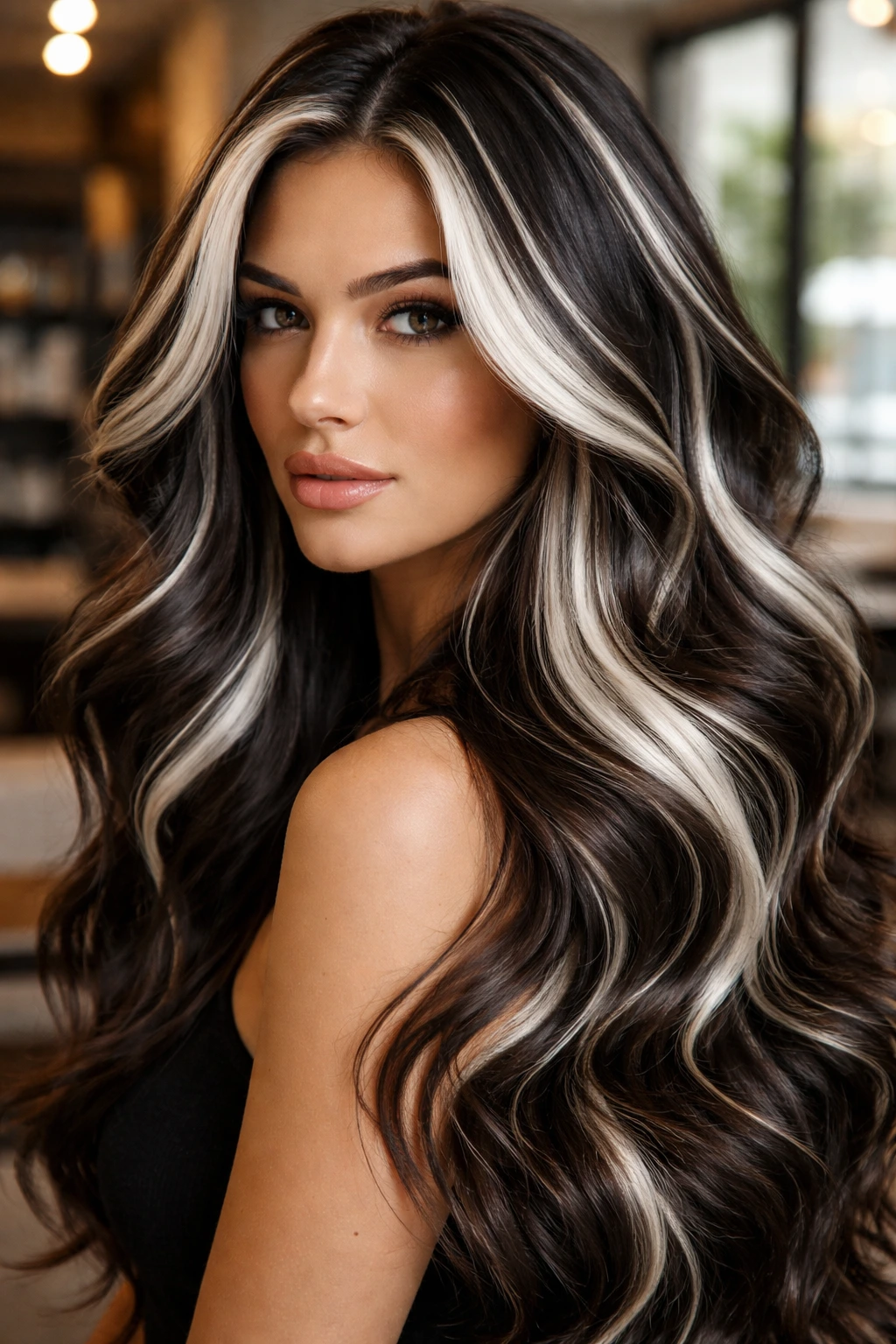 Portrait of a real woman with bold white ribbons in dark hair.