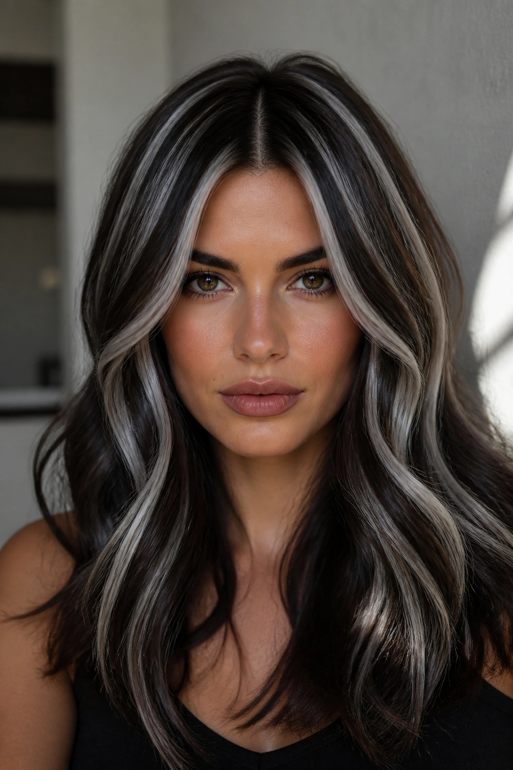 Close-up of brown hair with bold high-contrast silver stripes on a real person.
