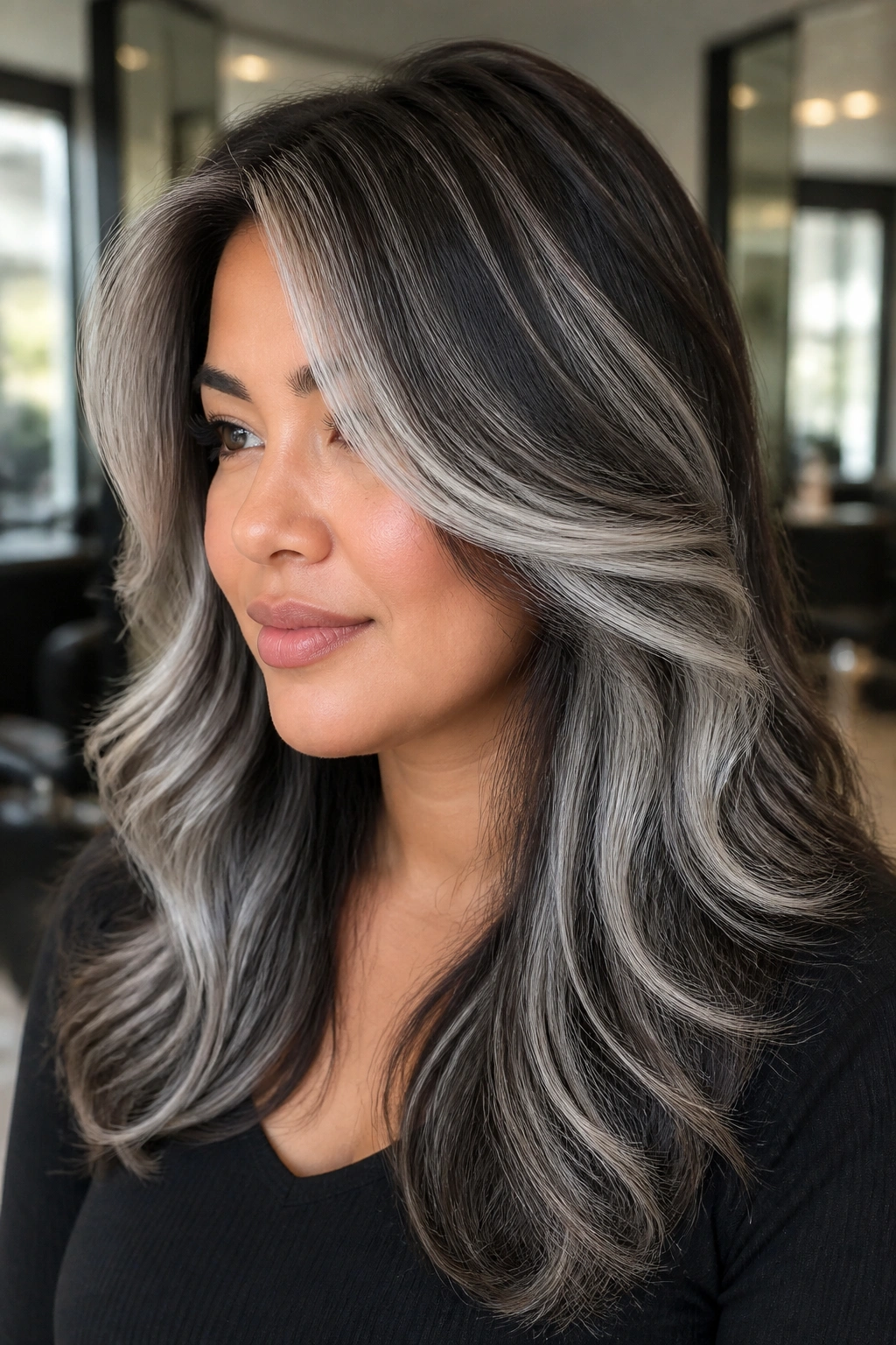 Close-up of a real person with thick hair featuring bold silver panels around the crown and front.