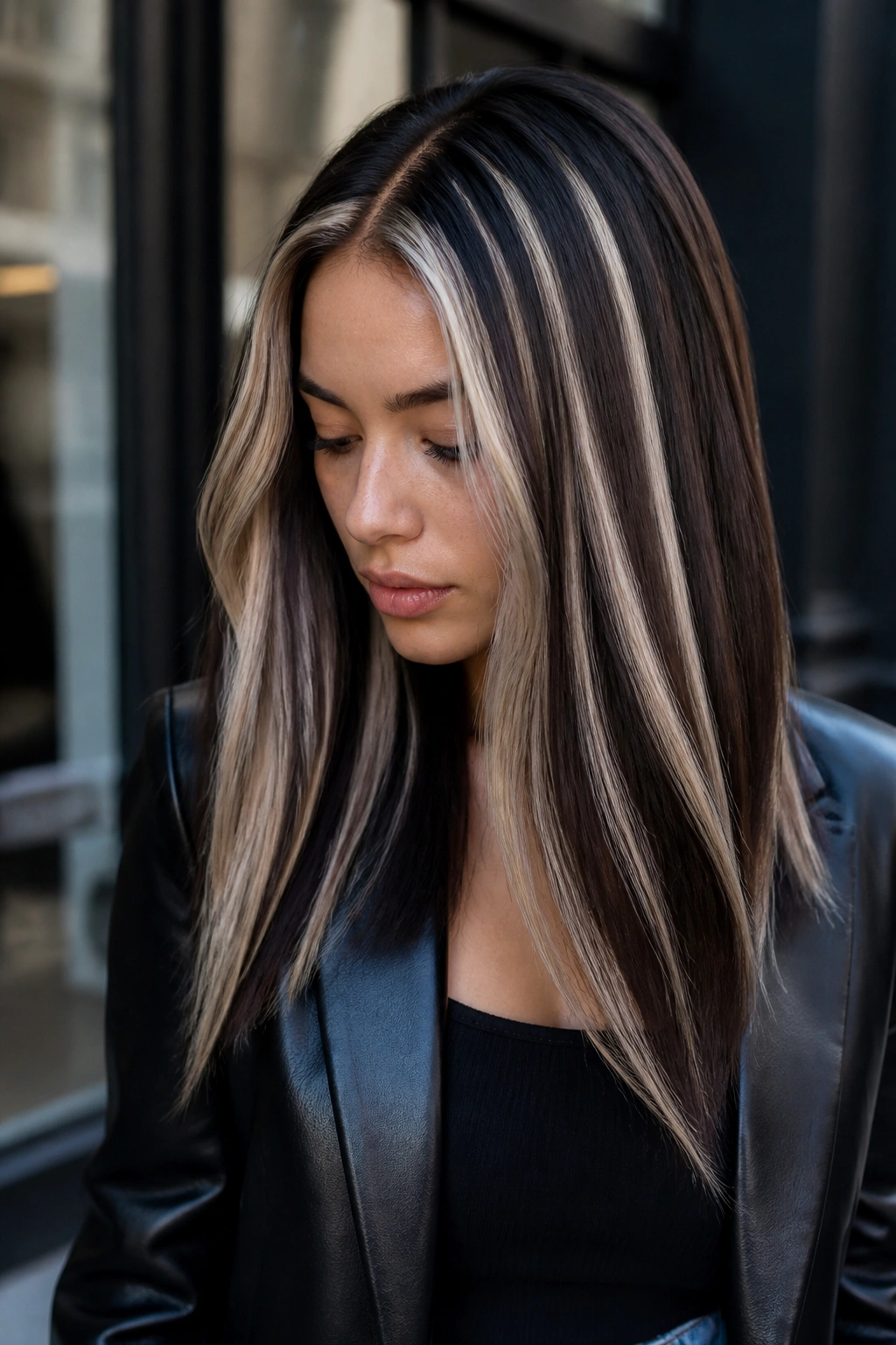 Close-up of bold platinum stripes in dark brown hair