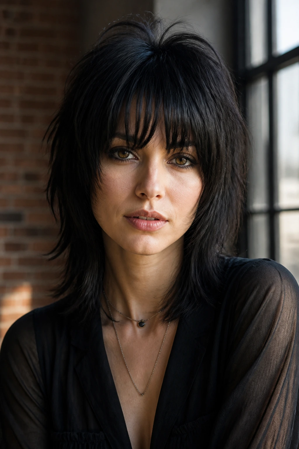 Close-up portrait of a real woman with high-contrast wolf cut and full fringe.