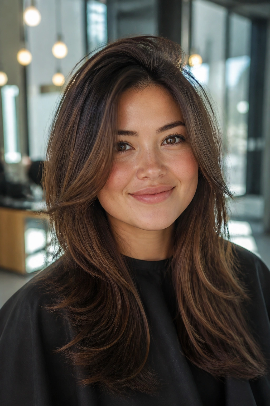 Real woman with high-crown layers creating face-height.