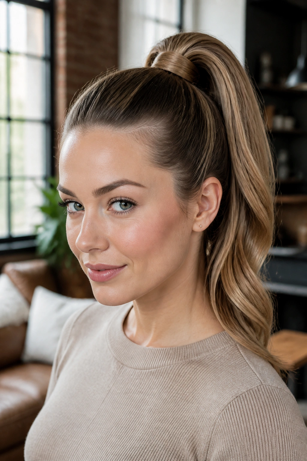 Real woman with high crown ponytail and wrapped base in a stylish loft setting.