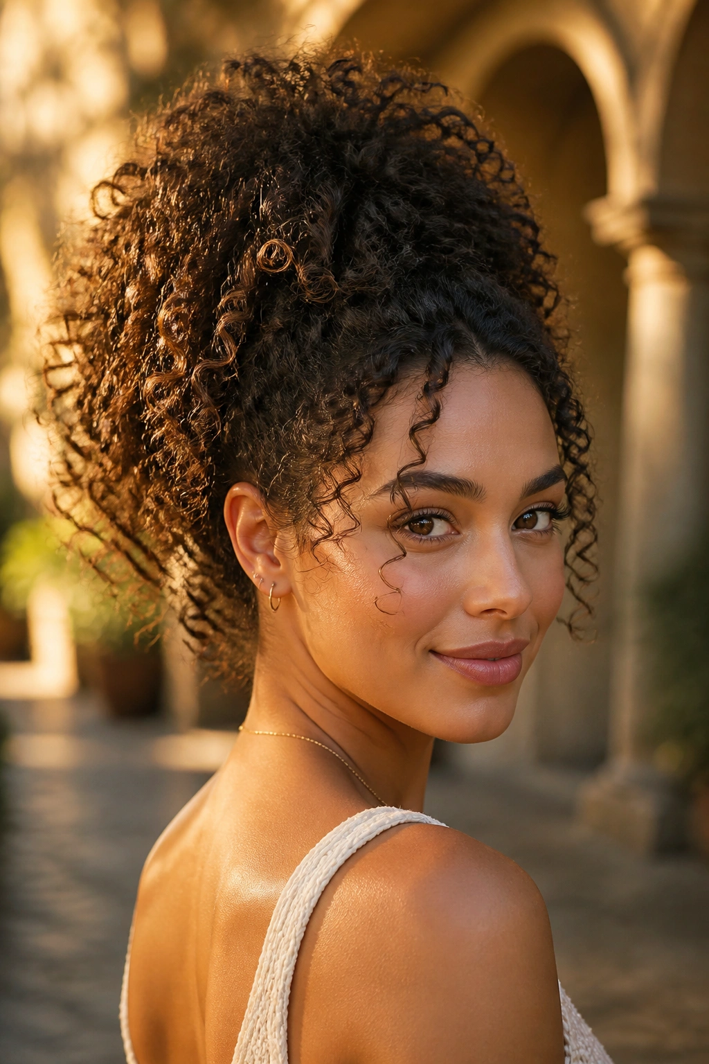 Close-up of a real woman with a high curly ponytail and visible curl texture in warm outdoor light.