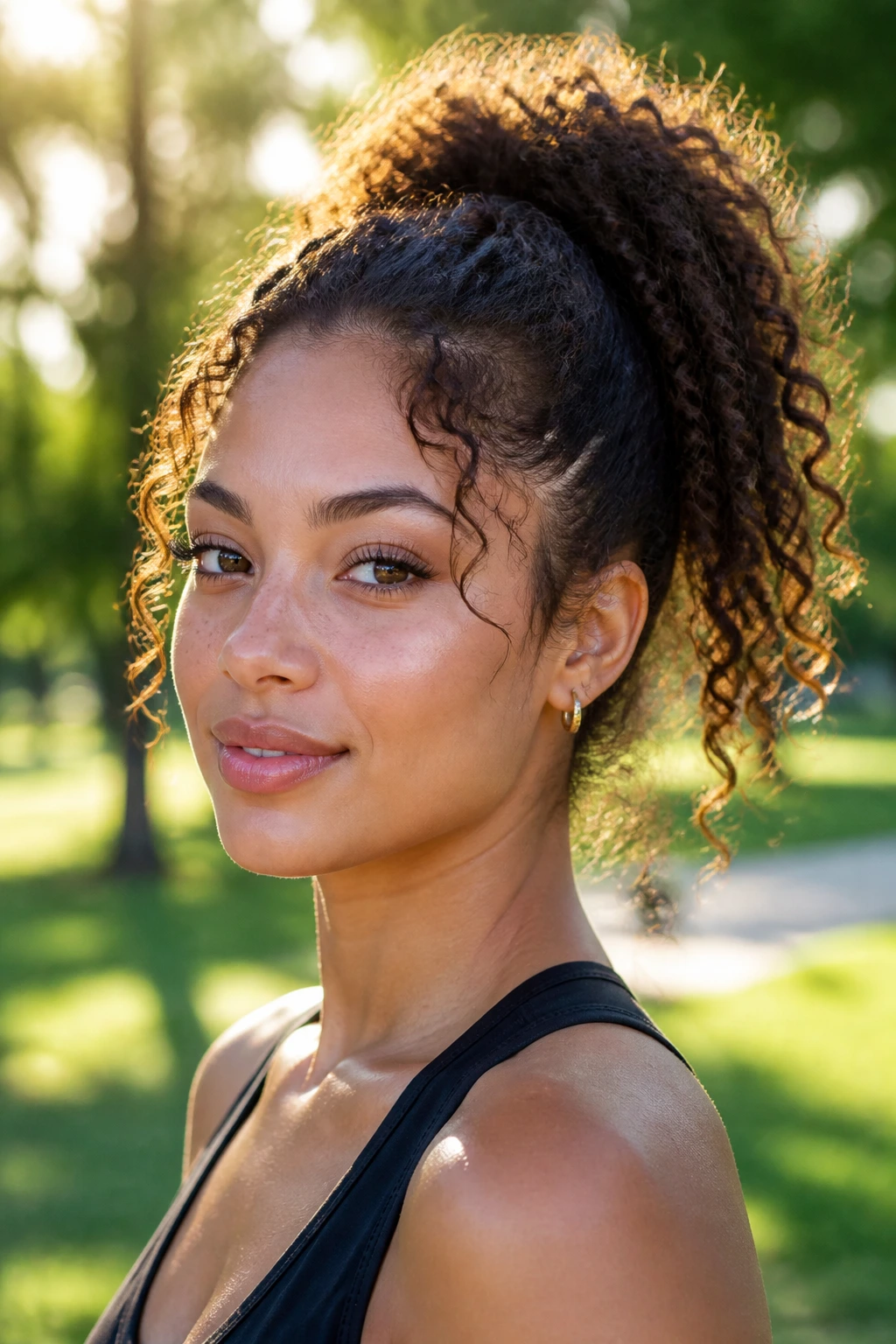 Close-up of real person with high curly ponytail and tendrils framing face
