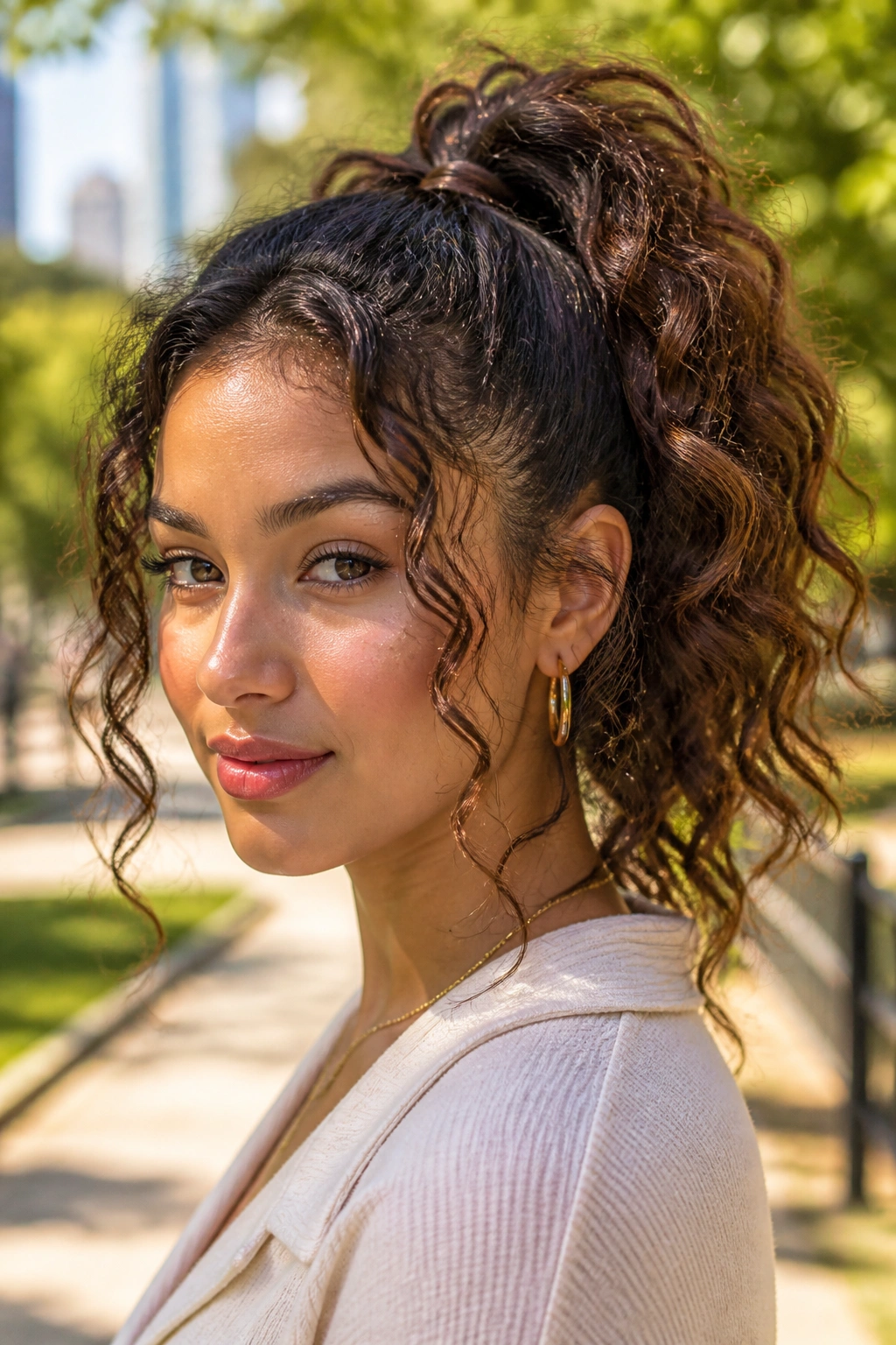 Woman with a high curly ponytail and soft face-framing curls in an outdoor setting