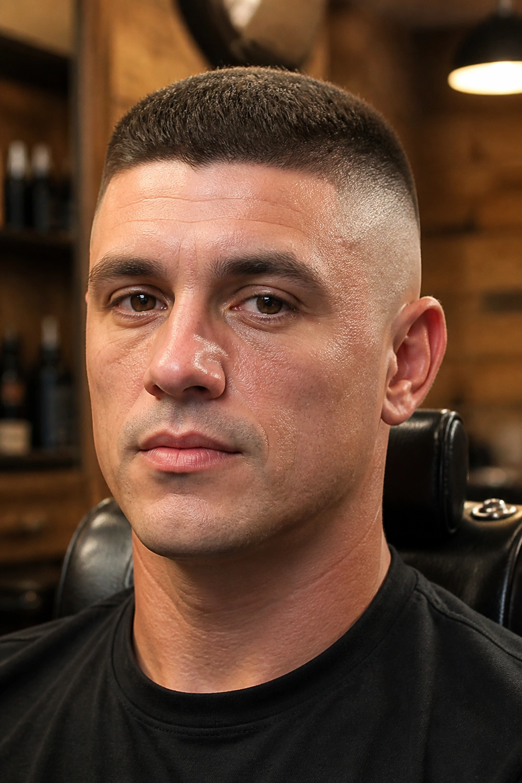 Close-up portrait of man with high and tight haircut featuring skin fade and slightly longer top.