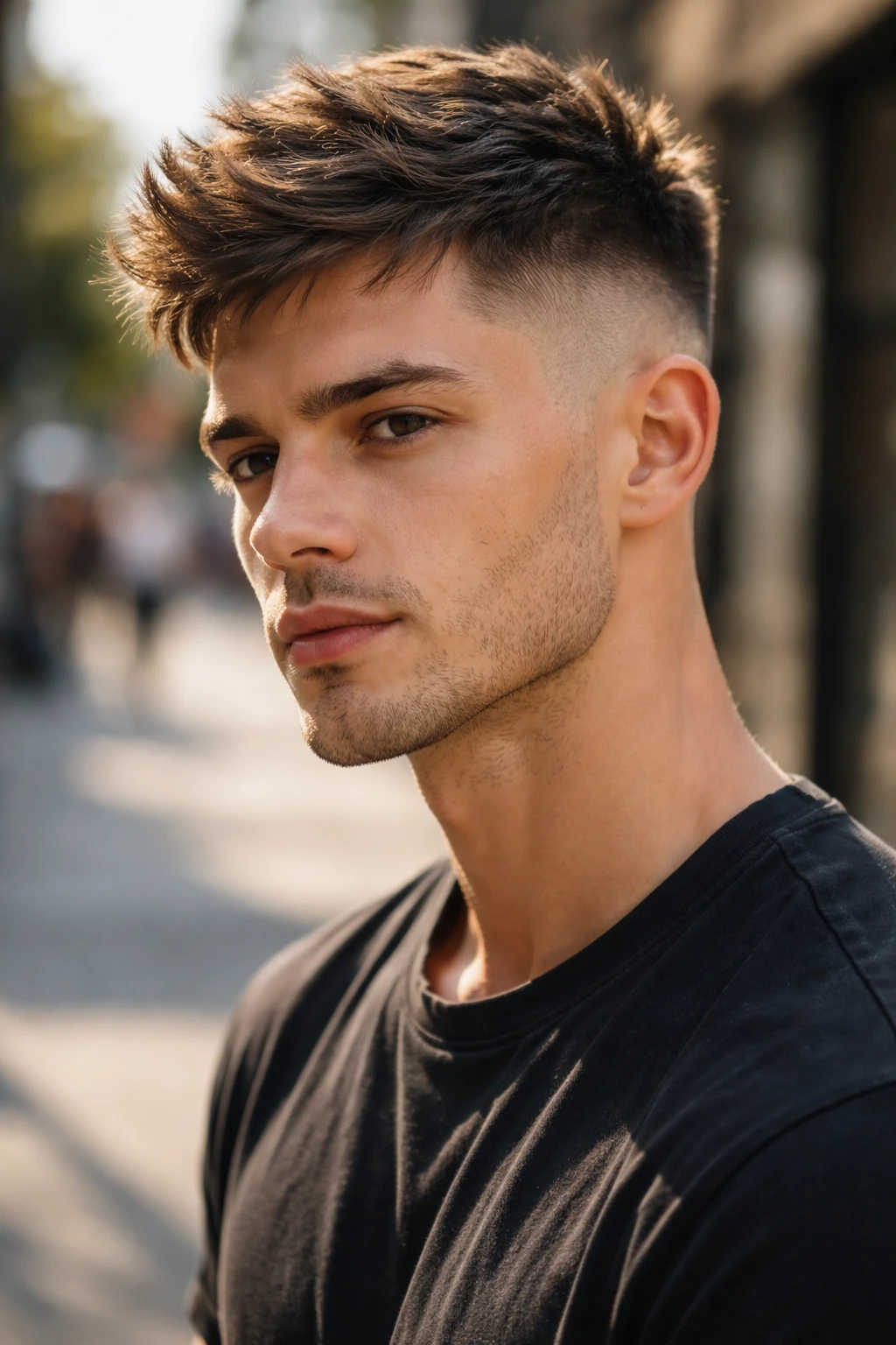 Portrait of man with high fade crop in bright urban street setting