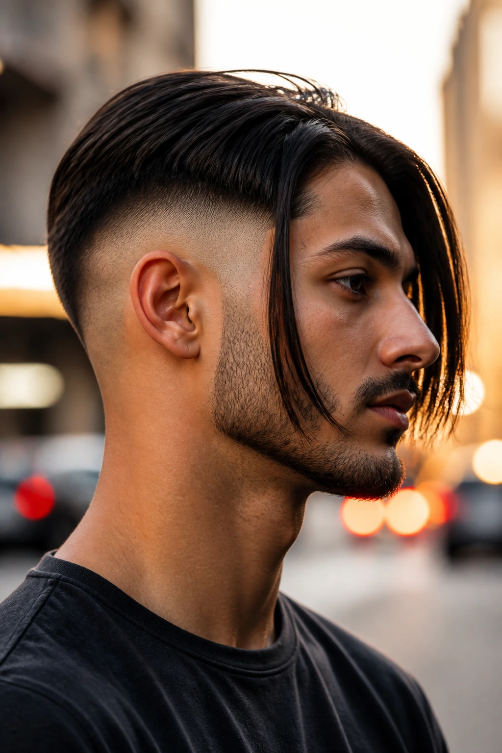 Side profile of man with high fade inverted bob in urban golden hour light