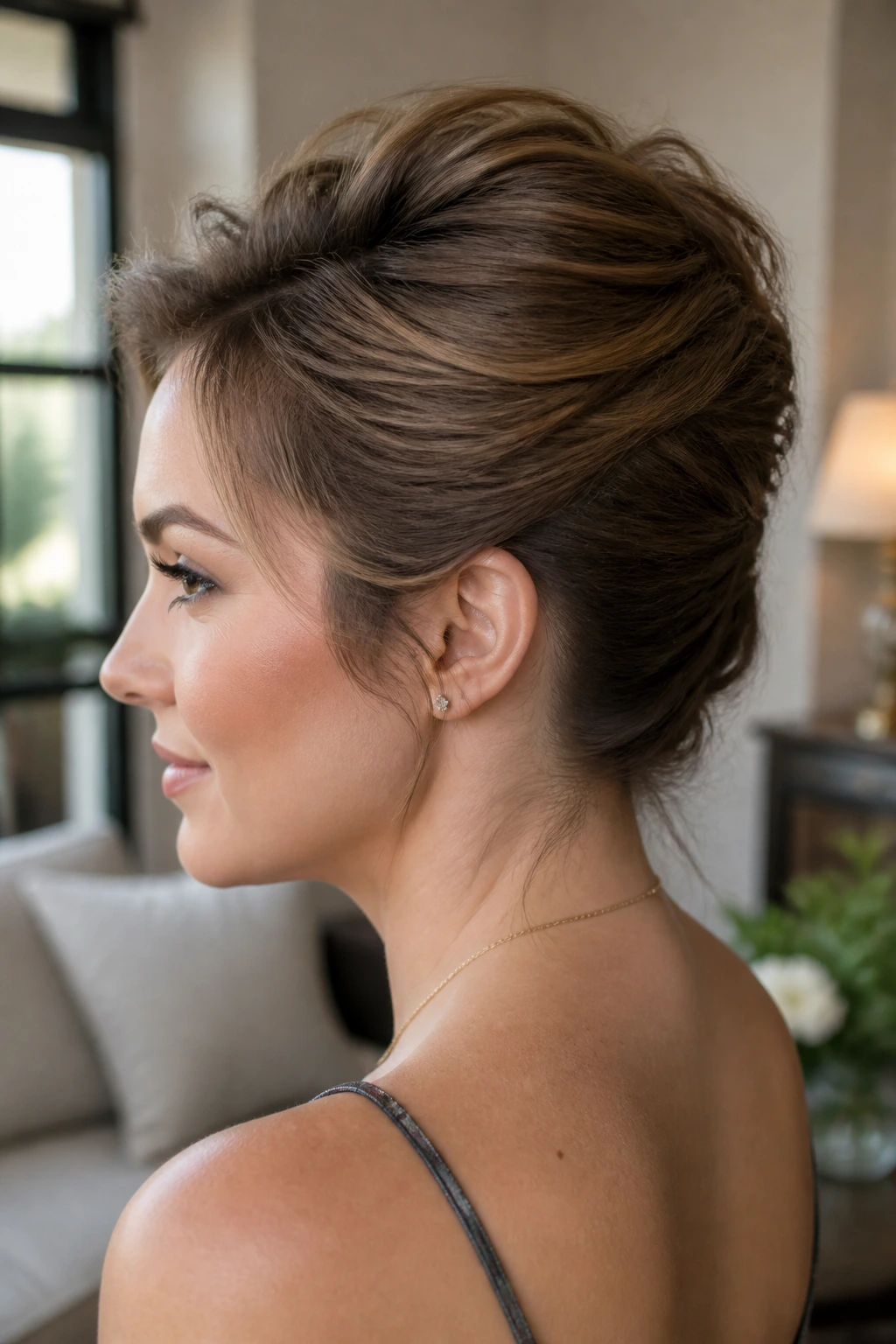 Close-up portrait of a real woman with a high French twist and crown lift
