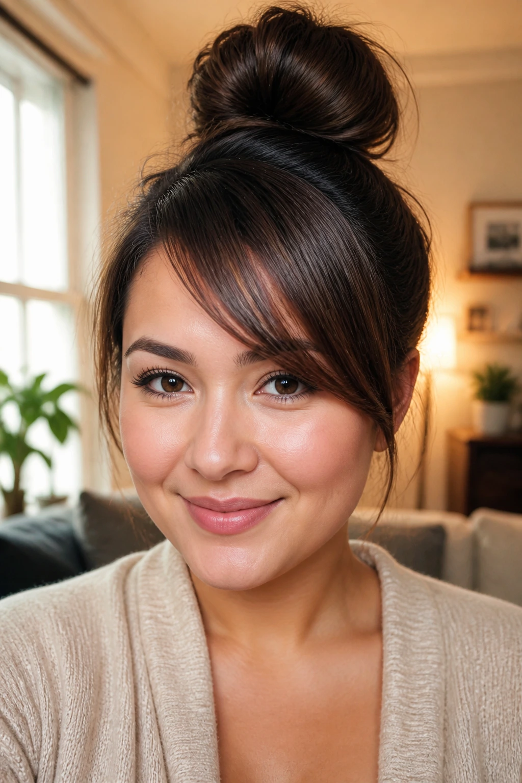 Close-up of a real woman with a high knot and side-swept bangs.
