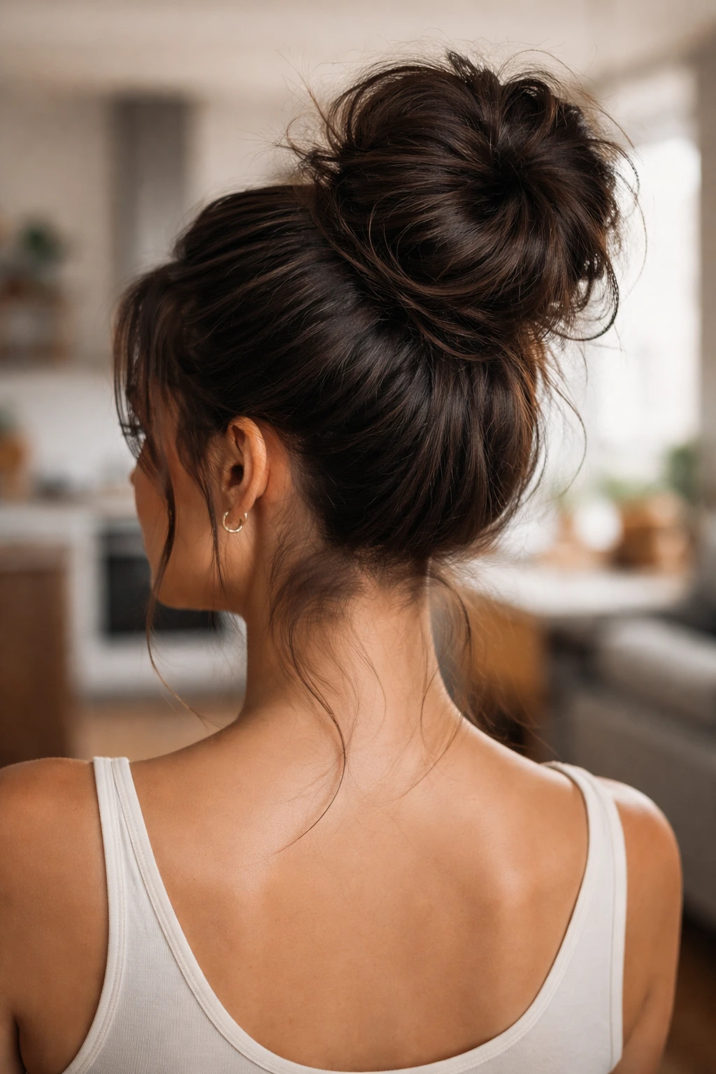 Back view of a real woman showing a high messy bun with wisps at the temples