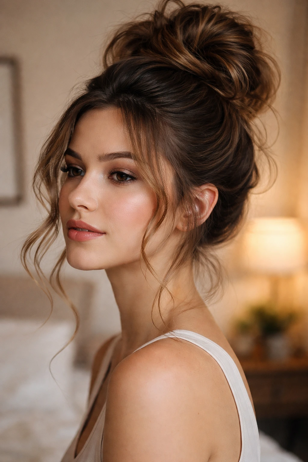 Close-up portrait of a real woman with a high messy bun and face-framing tendrils.
