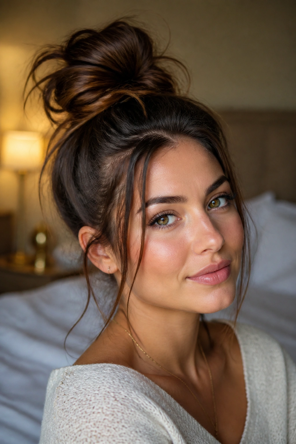 Close-up of a woman with a high messy bun and loose ends.