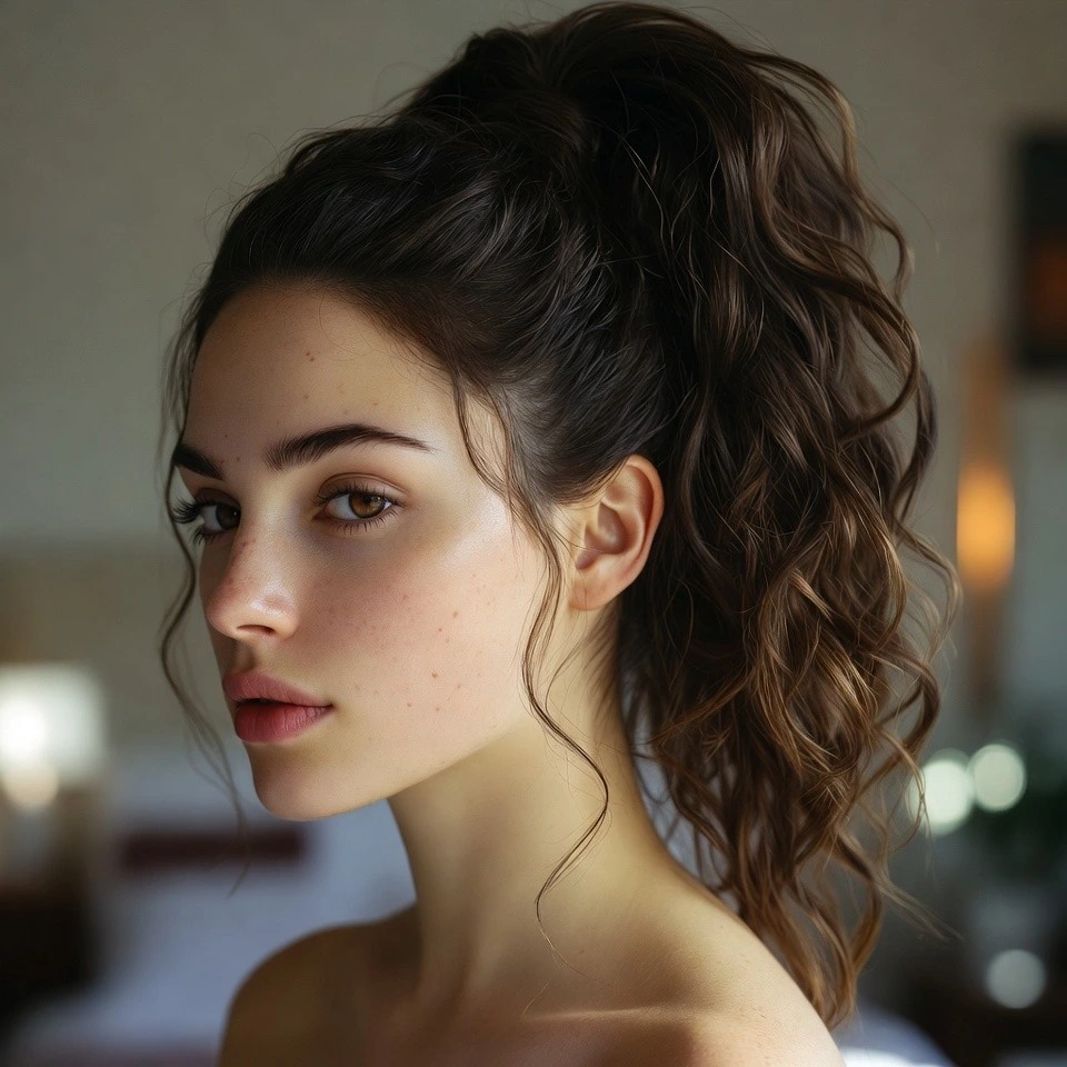 Close-up of a real woman with a voluminous two-tier high ponytail on thick hair