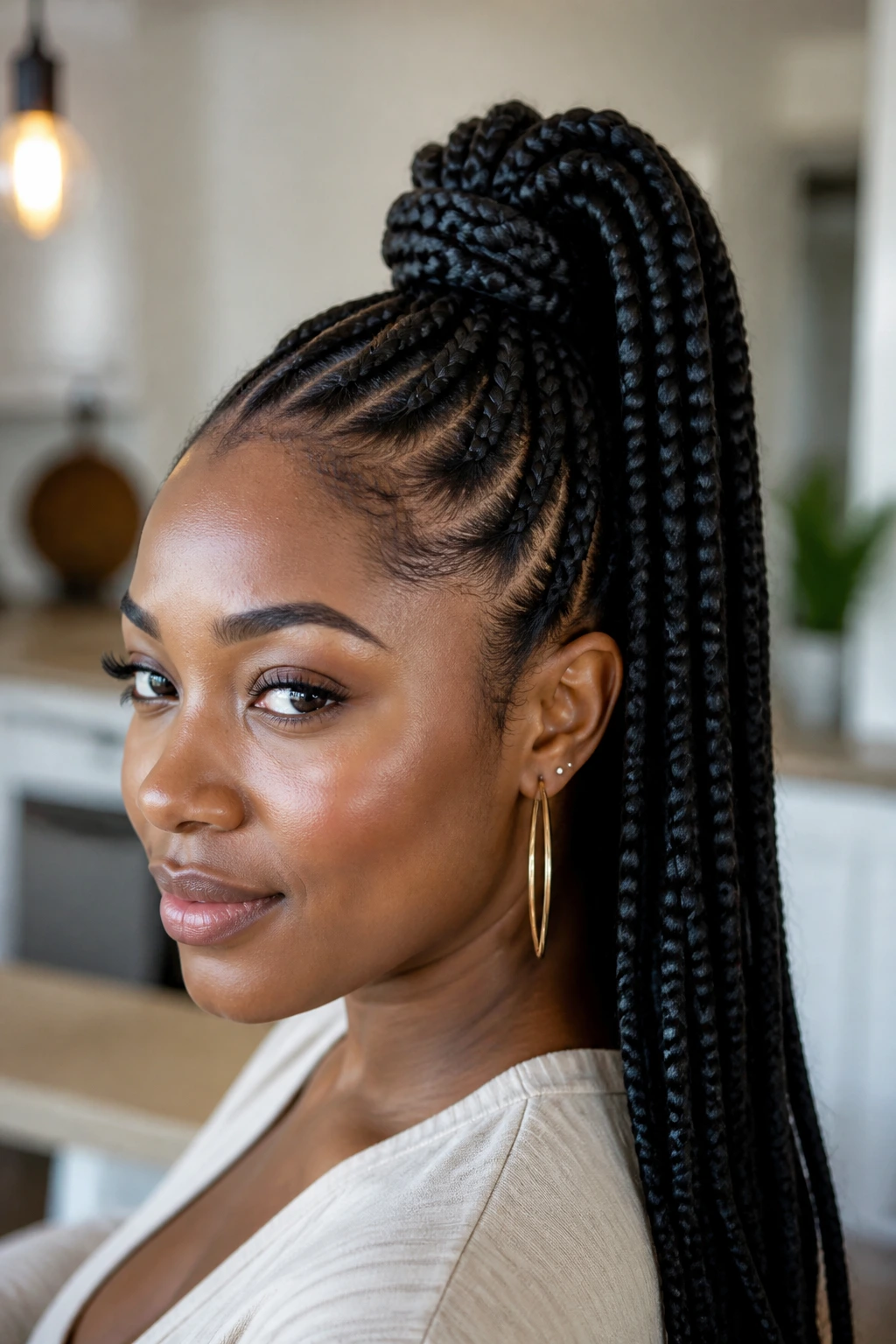 Close-up portrait of a real woman with a high ponytail of box braids