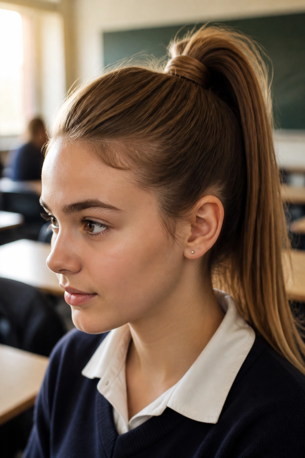 Portrait of real student with high ponytail lifted at the crown
