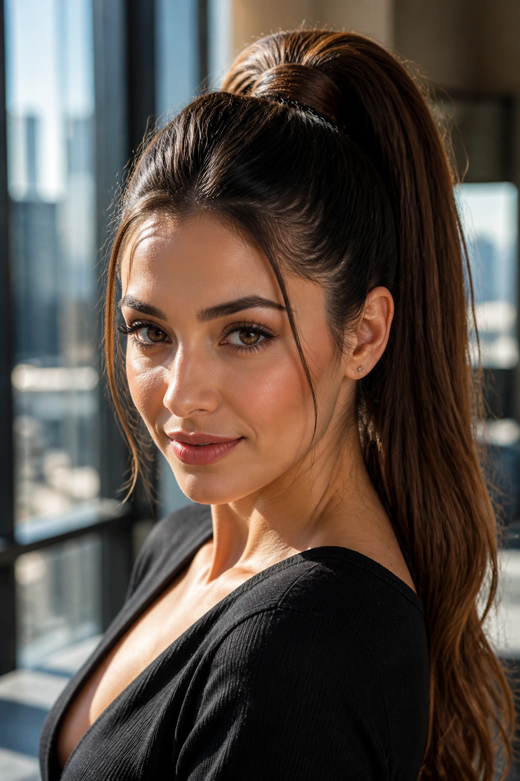 Portrait of a real woman with a high crown-height ponytail and wrapped base.