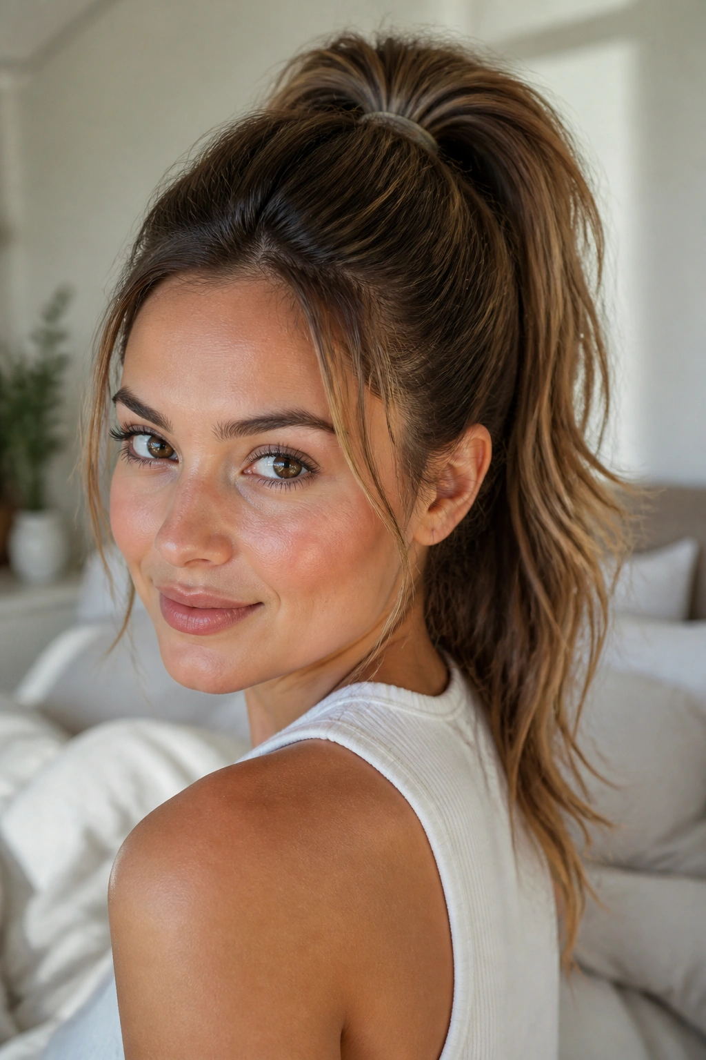 Close-up of a real woman with a high crown-lift ponytail in bright morning light